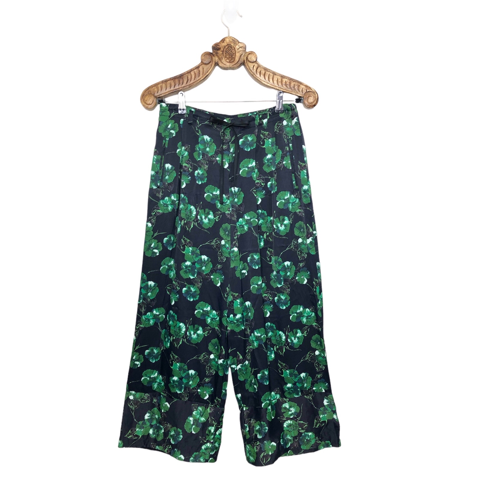 Anthropologie Elevenses Pants Floral Satin Wide Leg Trousers Green Navy Size 2